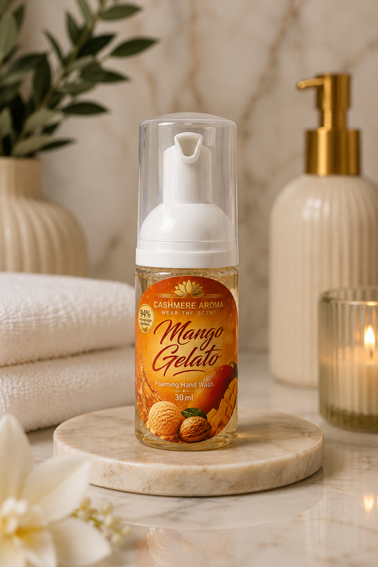 Mango Gelato Mini Foaming Hand Wash 30 ml by Cashmere Aroma UK on a bathroom counter