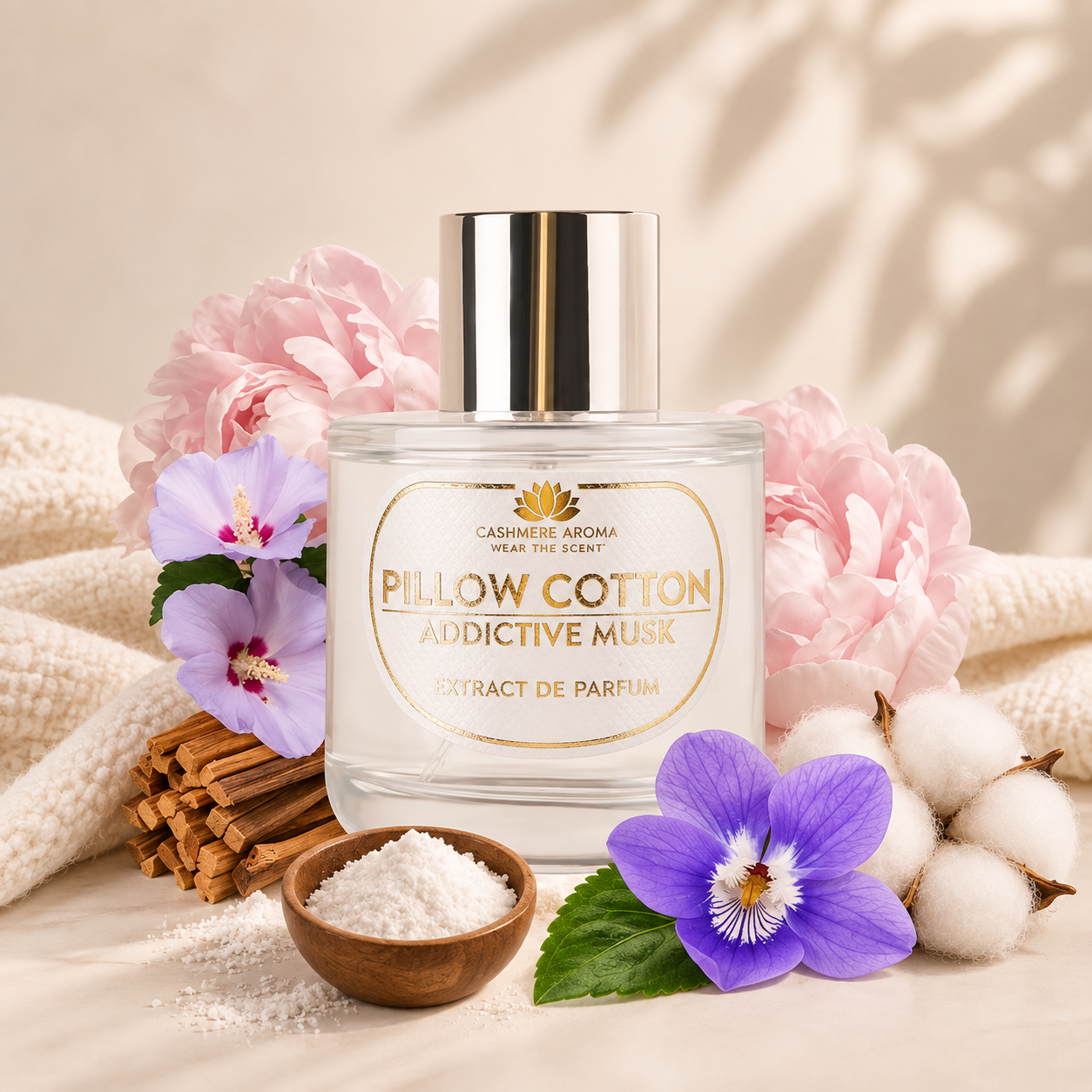 Pillow Cotton Addictive Musk Extrait de Parfum 100 ml by Cashmere Aroma UK with soft florals, cotton and sandalwood