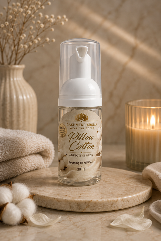 Pillow Cotton Addictive Musk Mini Foaming Hand Wash 30 ml by Cashmere Aroma UK with cotton styling