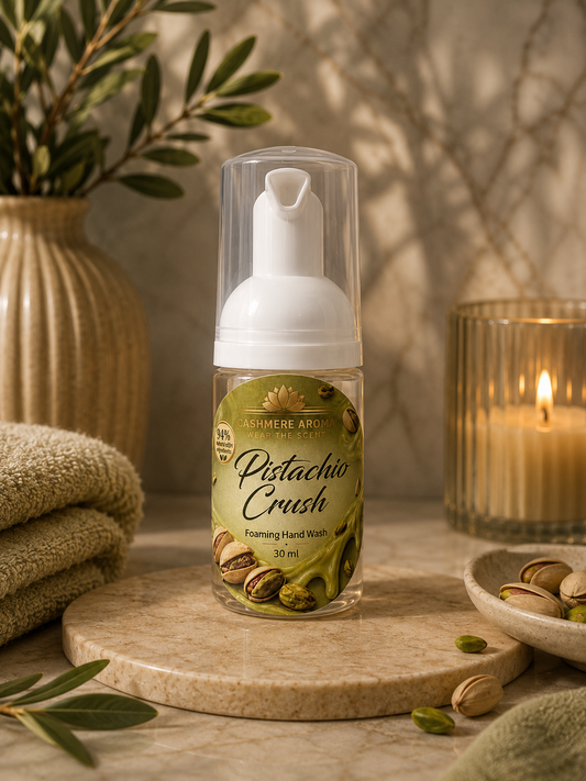 Pistachio Crush Mini Foaming Hand Wash 30 ml by Cashmere Aroma UK with pistachios