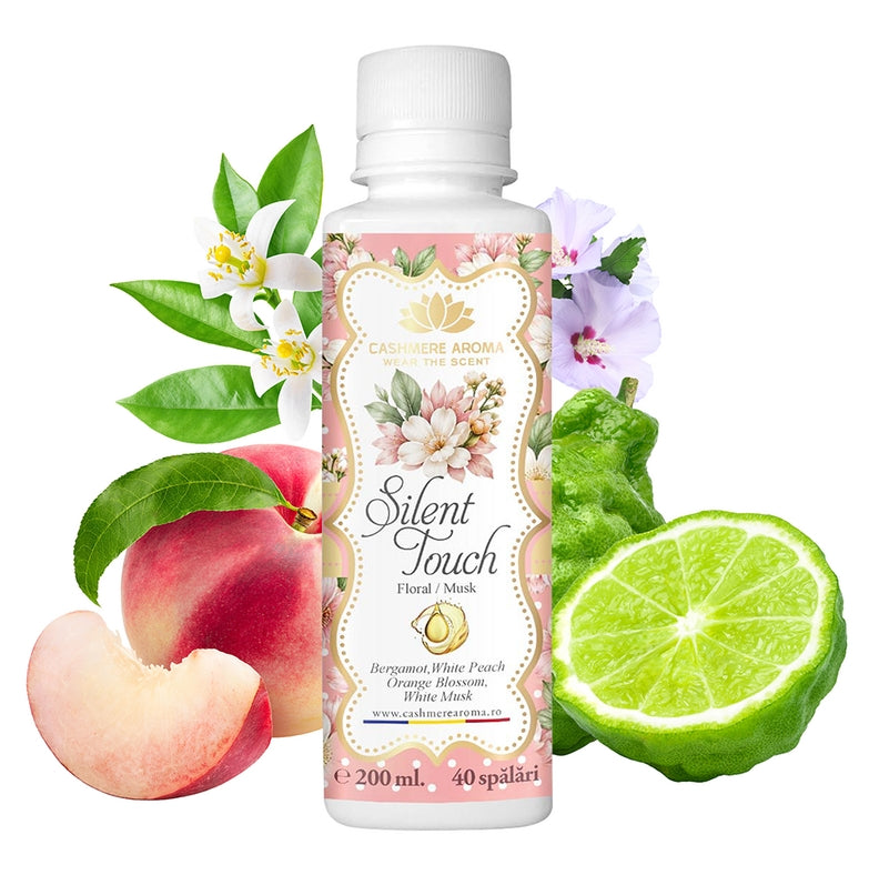 Silent Touch 200 ml laundry perfume with peach, bergamot and floral fragrance imagery
