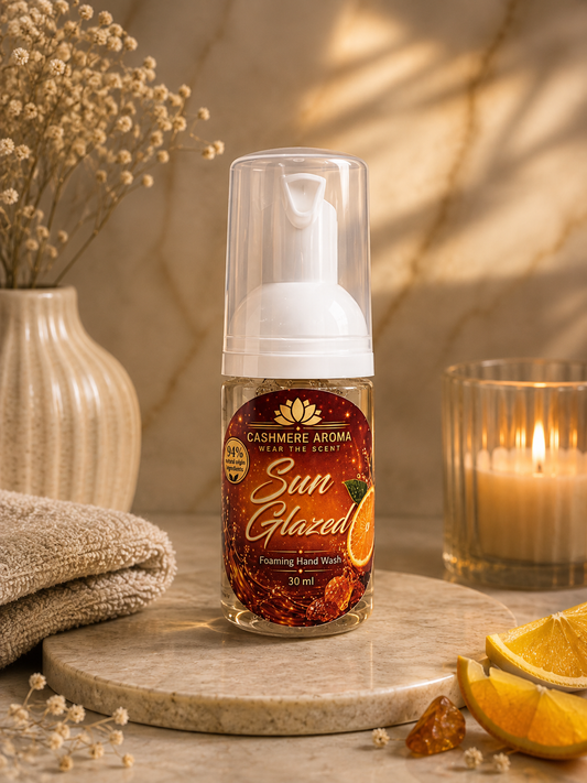 Sunglazed Mini Foaming Hand Wash 30 ml by Cashmere Aroma UK with orange and warm candlelight