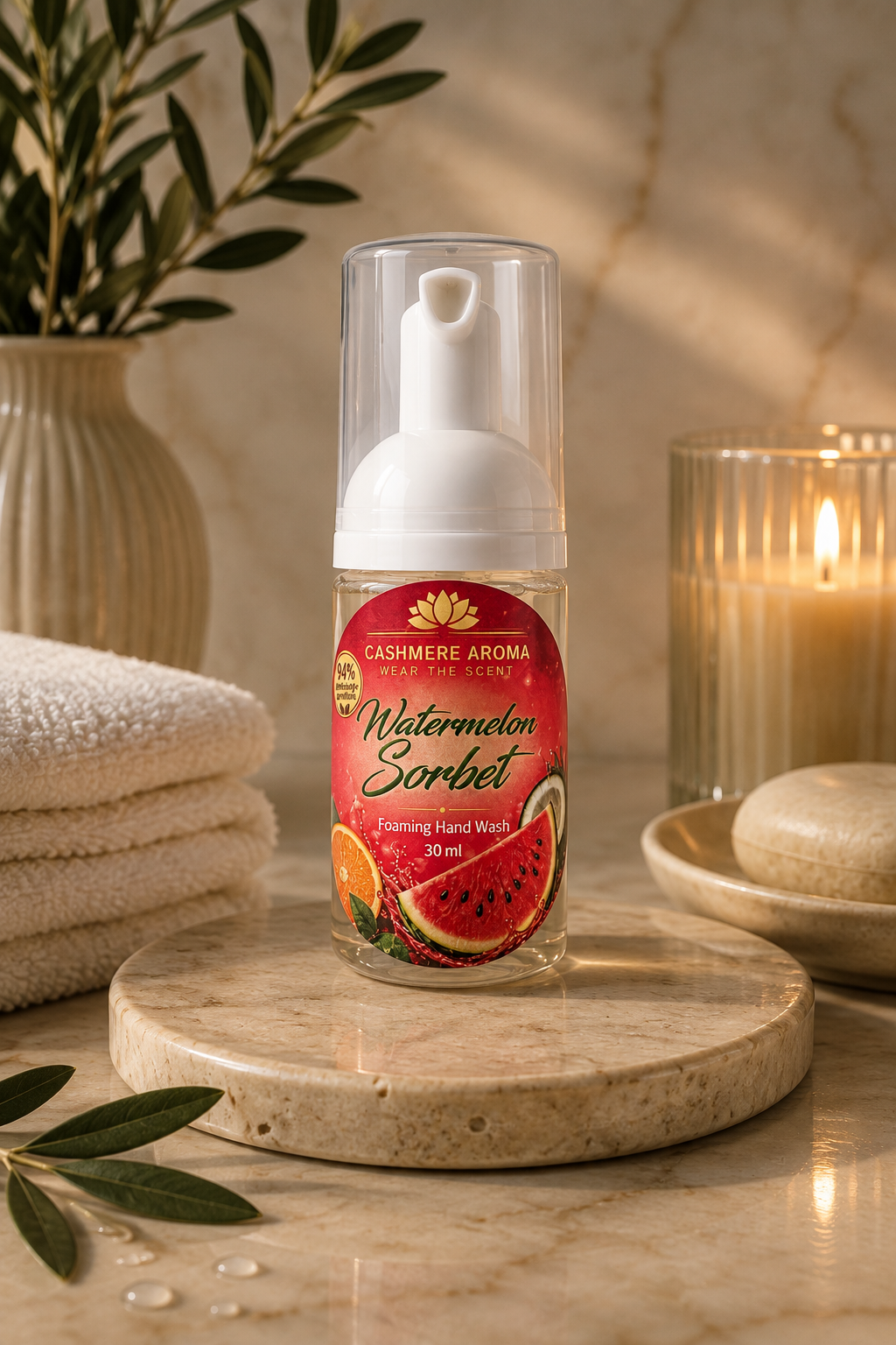 Watermelon Sorbet Mini Foaming Hand Wash 30 ml by Cashmere Aroma UK in a warm bathroom setting